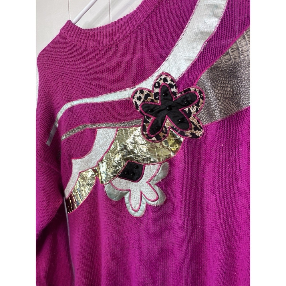 Anytime Glitz Vintage 80s 90s Women's Sweater Magenta Knit Large Silk Blend Bead - Picture 2 of 7